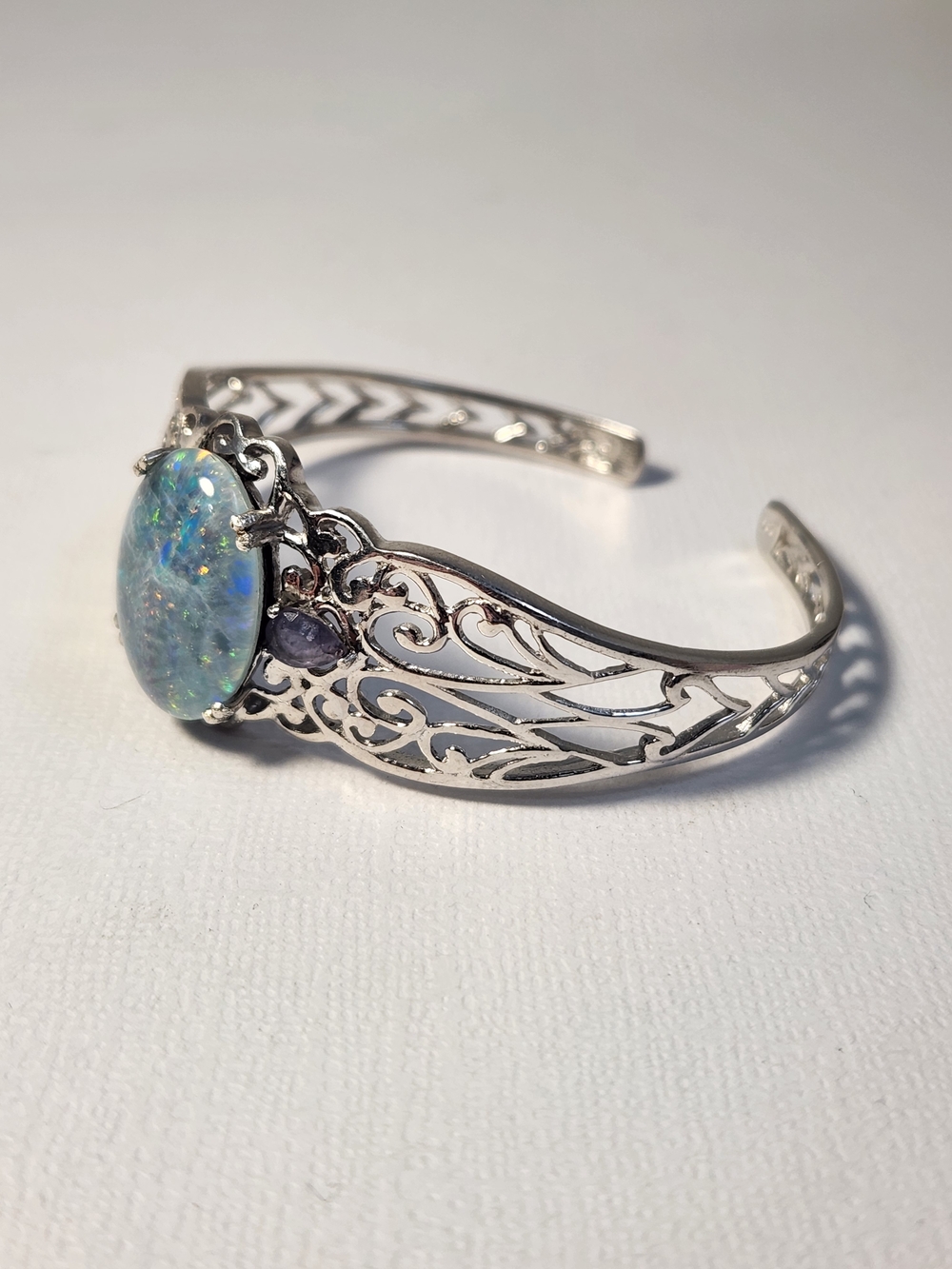 VTG Large Natural Opal & Amethyst 925 Filigree Cuff Btacelet - Picture 9 of 16